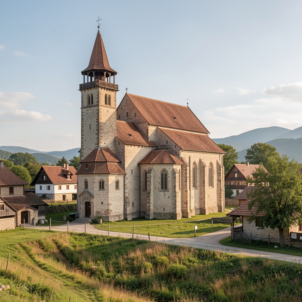 Biserică fortificată transilvăneană văzută de la marginea unui sat, fără persoane