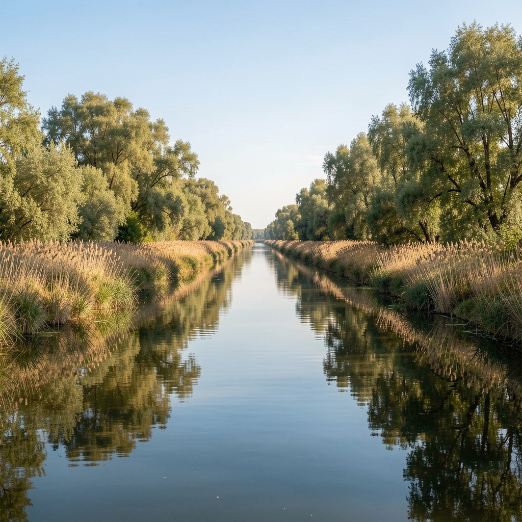 Brațul îngust al unui canal din Delta Dunării între stufăriș și sălcii, cu apa oglindind cerul, fără persoane