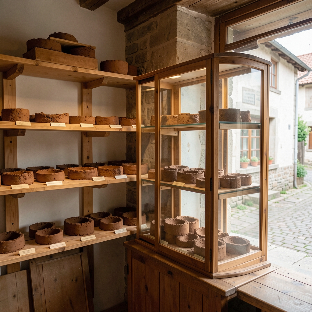 Atelier-vitrină cu ulcele de lut ars aliniate pe rafturi de lemn, într-o localitate olteană, fără persoane