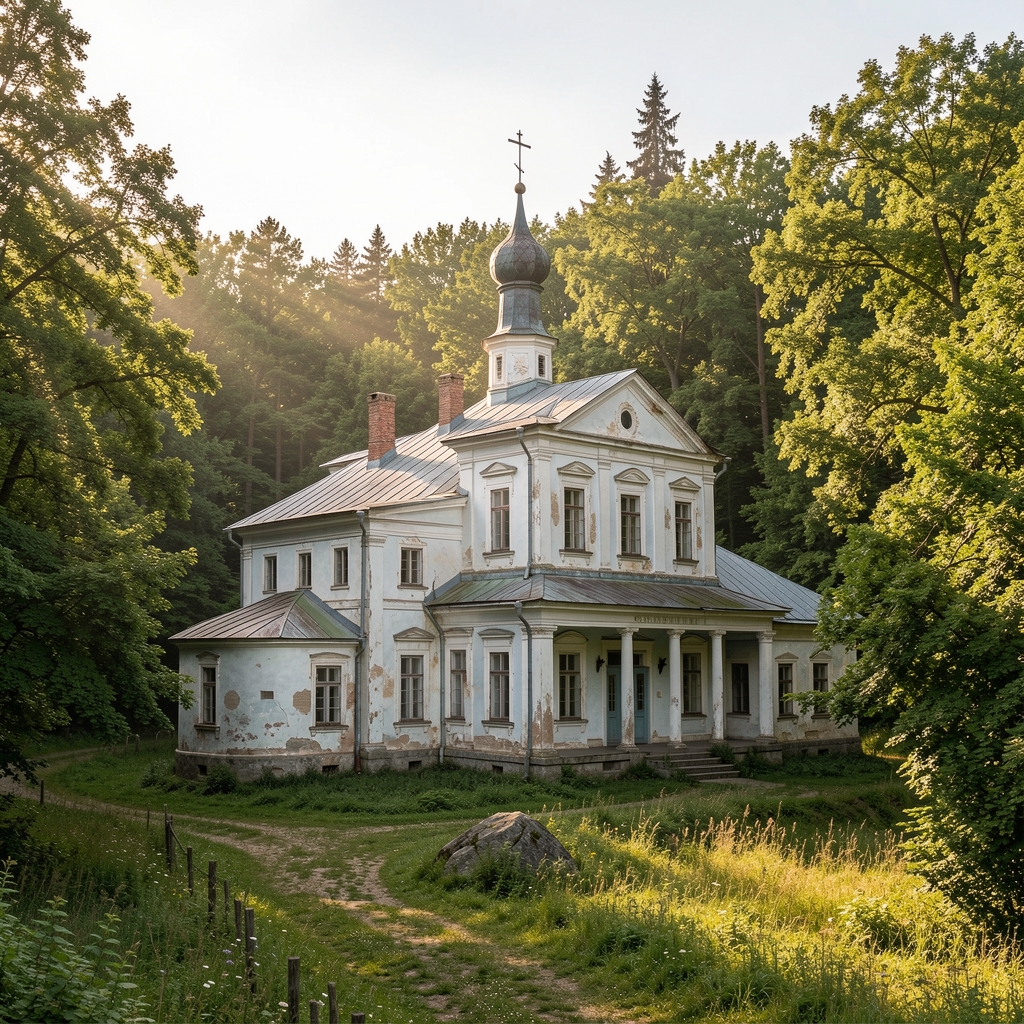 Mănăstire veche din Bucovina la marginea unei păduri, lumină de dimineață, fără persoane