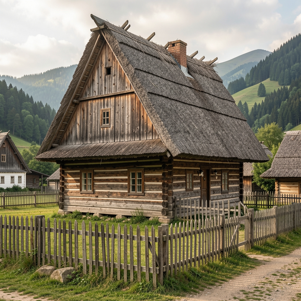 Gospodărie tradițională din lemn, cu acoperiș înalt și gard de scânduri, într-un sat de munte din Bucovina, fără persoane