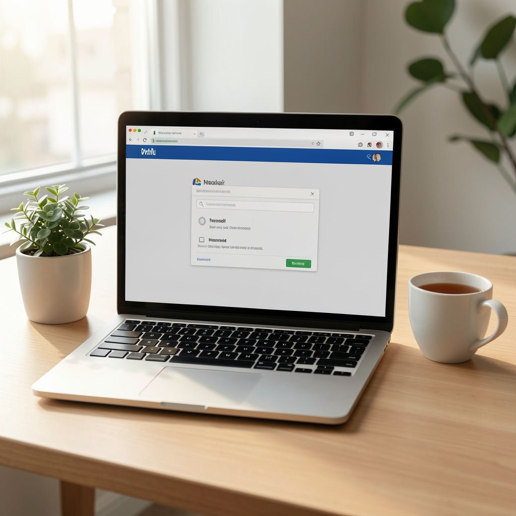Laptop deschis pe un birou luminos, cu o căsuță de email pe ecran, lângă o cană de ceai și o plantă verde, fără persoane
