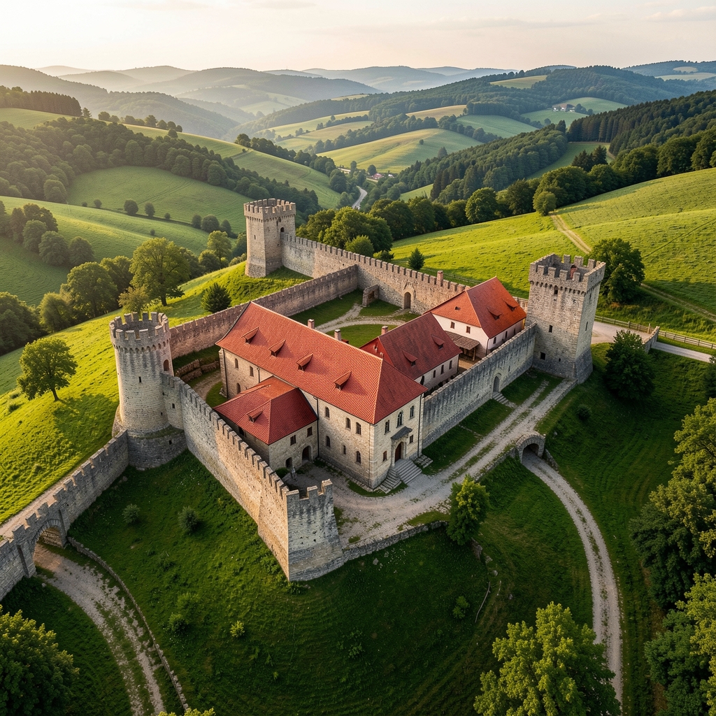 Sat săsesc cu acoperișuri roșii, biserică fortificată și dealuri verzi în fundal, fotografie aeriană fără persoane
