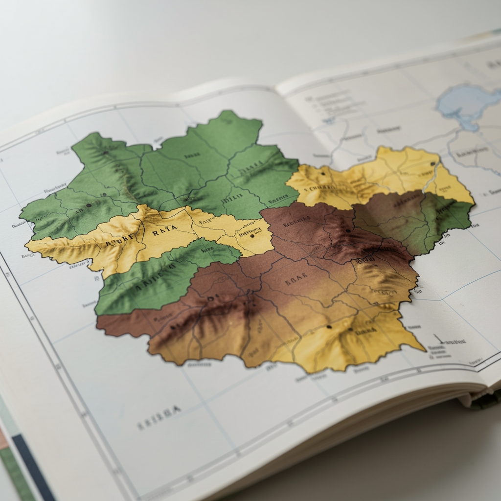 Atlas deschis cu harta reliefului României, văzut de aproape, cu culori de verde, galben și maro, fără persoane