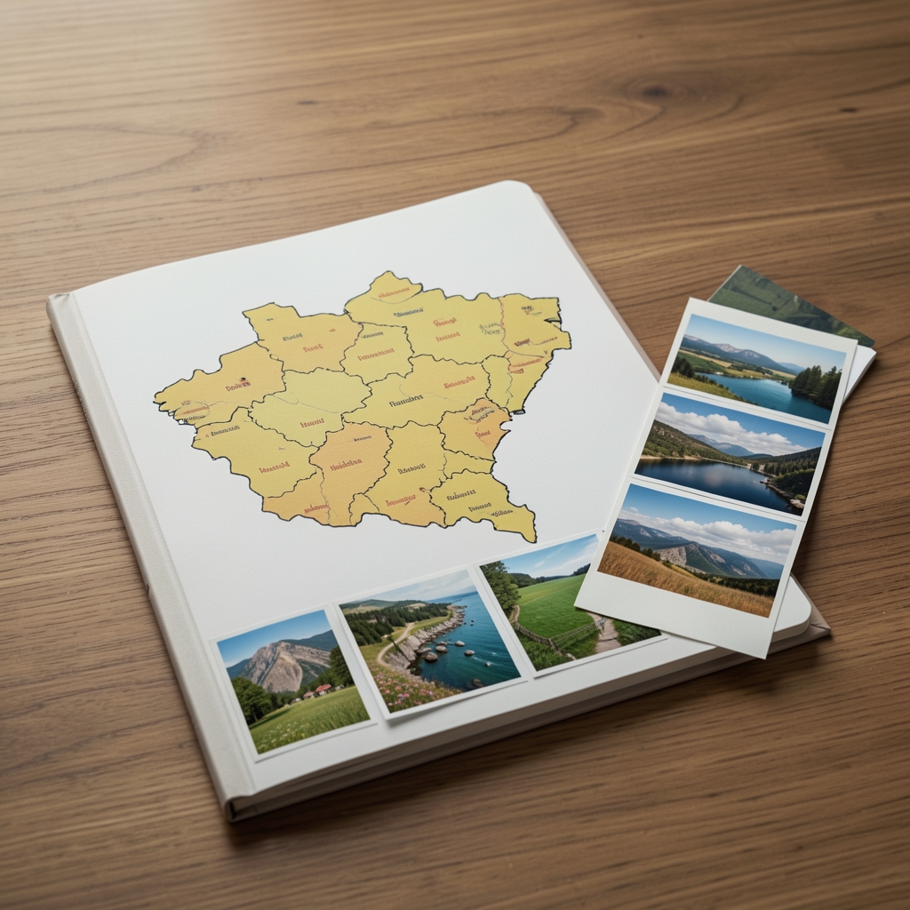 Hartă a României, carnet cu notițe și fotografii de peisaj pe o masă, fără persoane