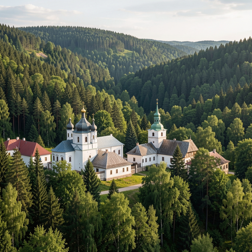 Dealuri împădurite și acoperișuri ale unei mănăstiri din Bucovina, fără persoane