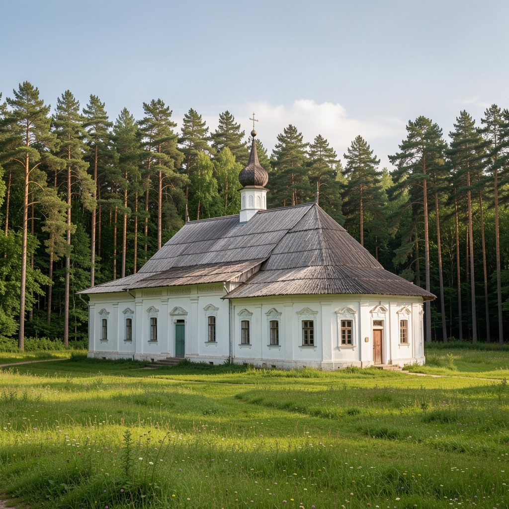 Mănăstire pictată din Bucovina cu ziduri albe și acoperiș de șindrilă, înconjurată de pajiști verzi și păduri de molid, fără persoane