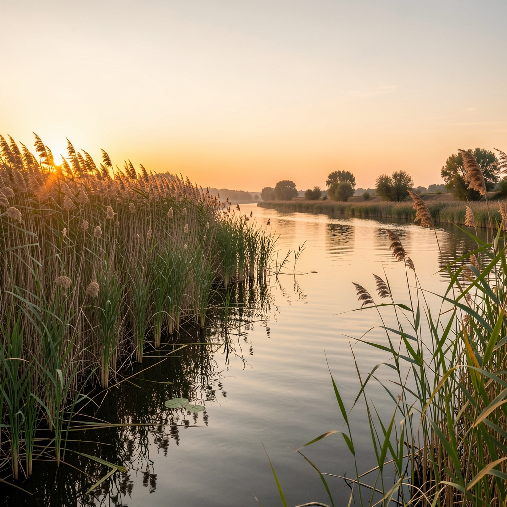 Canal liniștit din Delta Dunării cu stuf înalt și nuferi la lumina caldă a apusului, fără persoane