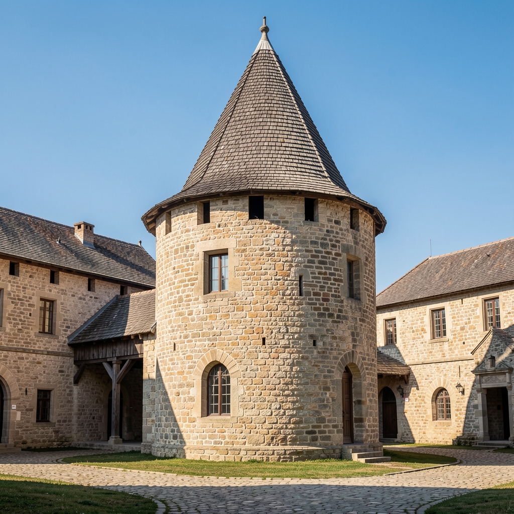 Turn de piatră cu acoperiș ascuțit într-un ansamblu istoric medieval din Muntenia, cer albastru, fără persoane