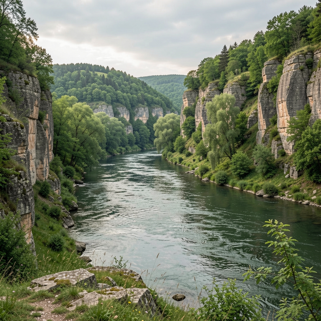 Defileu verde din Oltenia cu râu și pereți de stâncă, fără persoane