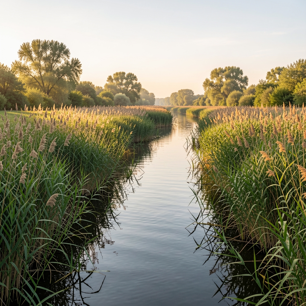 Canal din Delta Dunării cu nuferi și stuf în lumină de dimineață, fără persoane