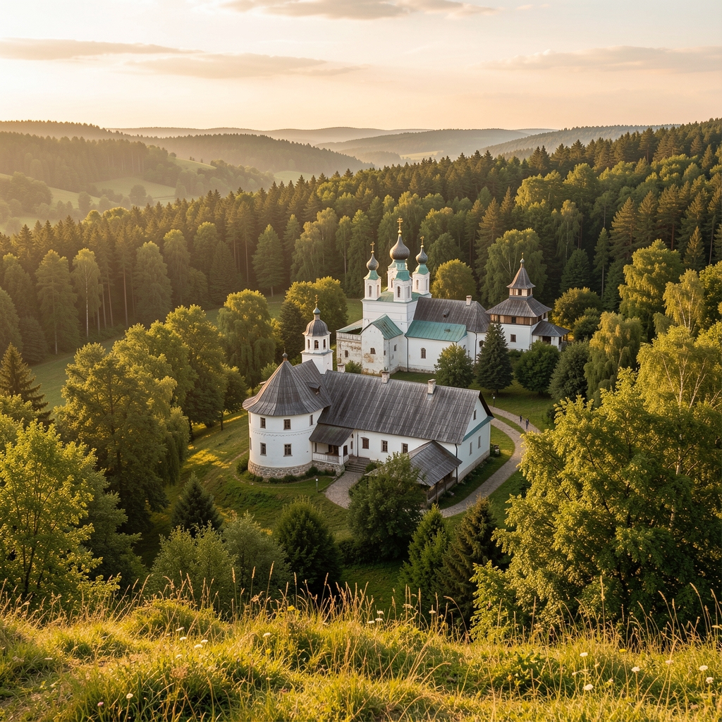 Drum de deal către mănăstiri din Bucovina, pădure și lumină caldă, fără persoane